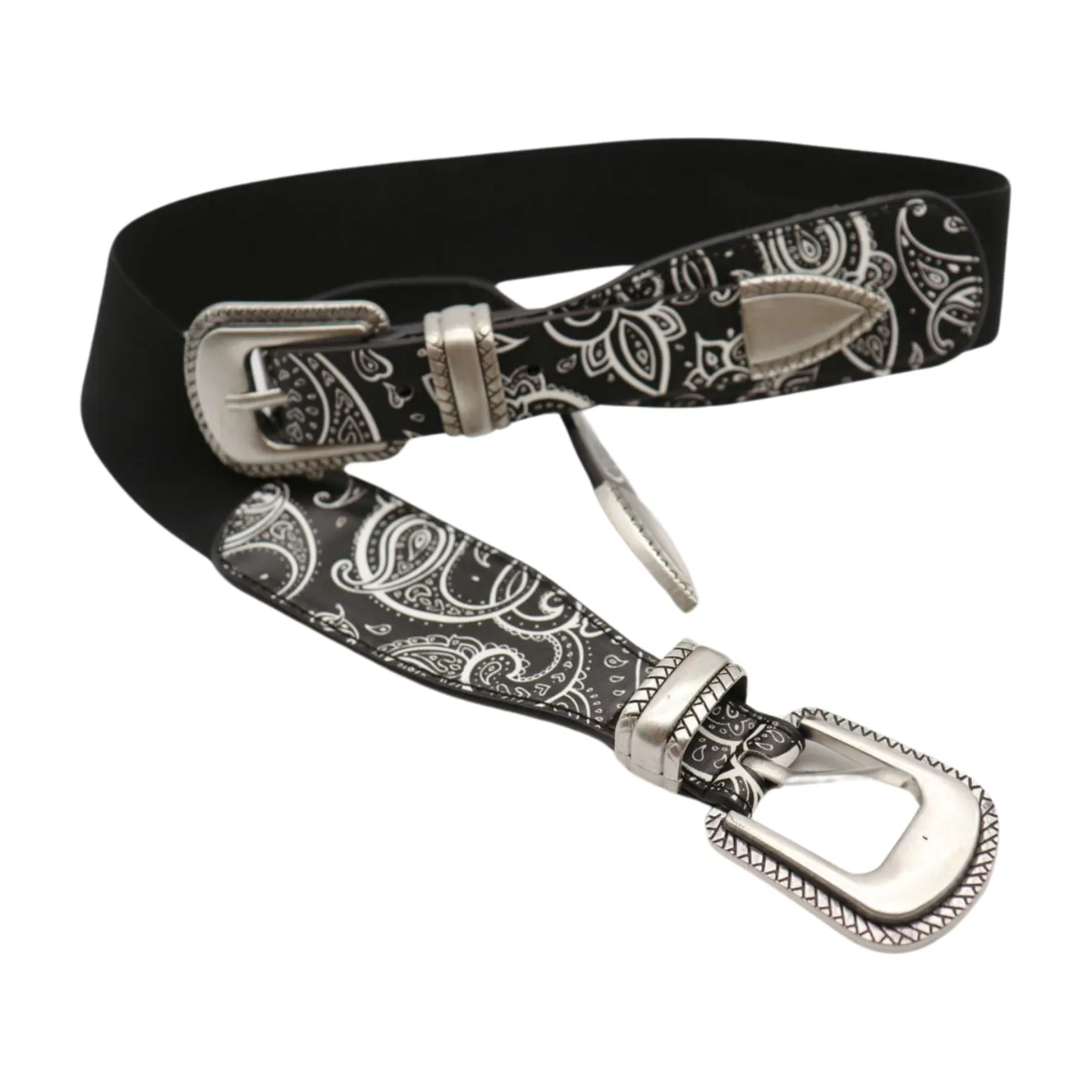 Women Black Elastic Paisley Print Belt Double Western Buckle S M