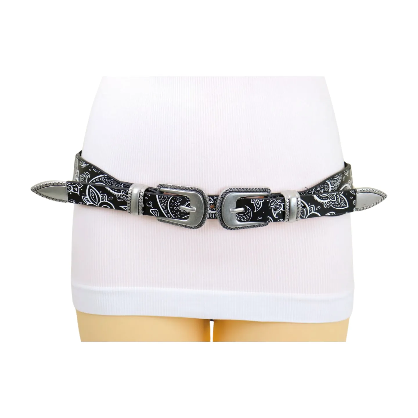 Women Black Elastic Paisley Print Belt Double Western Buckle S M