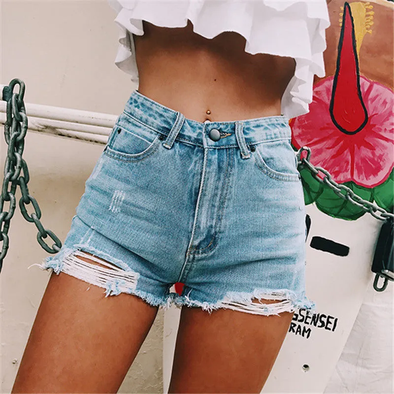 Women Casual Rise Ripped Jean Shorts Frayed Raw Hem Jeans