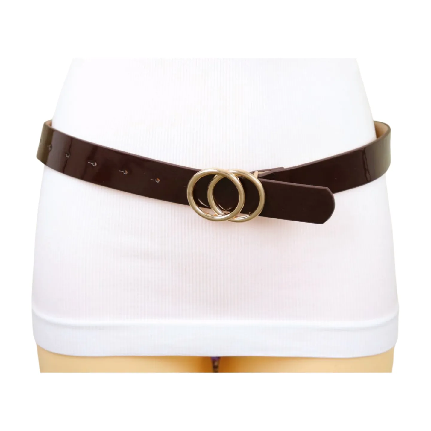 Women Chocolate Brown Faux Leather Skinny Belt Gold Metal Circles Buckle Fit Size M L