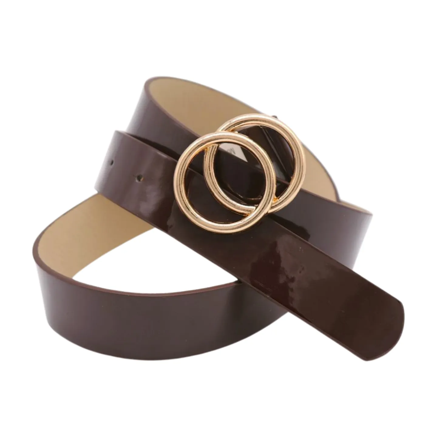 Women Chocolate Brown Faux Leather Skinny Belt Gold Metal Circles Buckle Fit Size M L