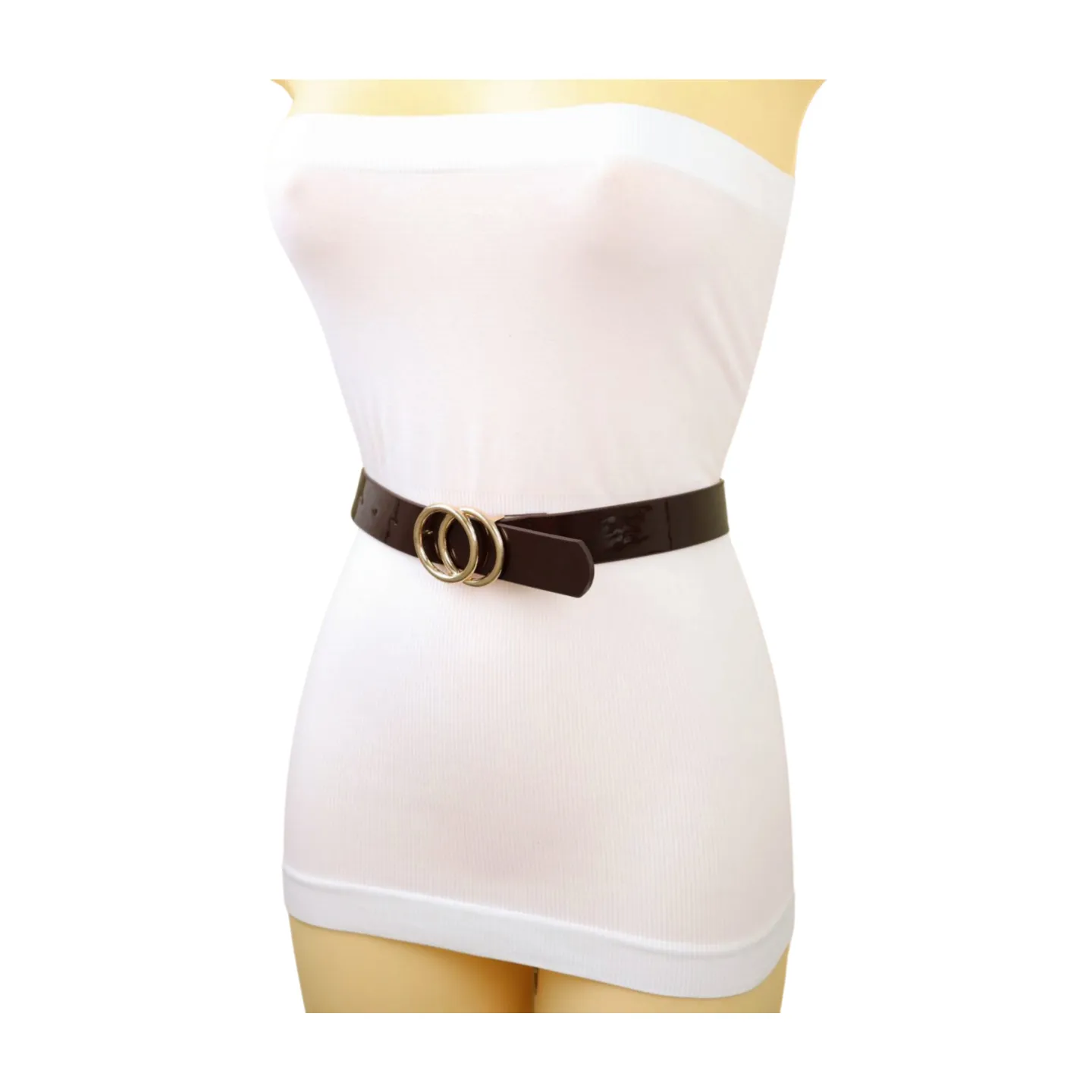 Women Chocolate Brown Faux Leather Skinny Belt Gold Metal Circles Buckle Fit Size M L