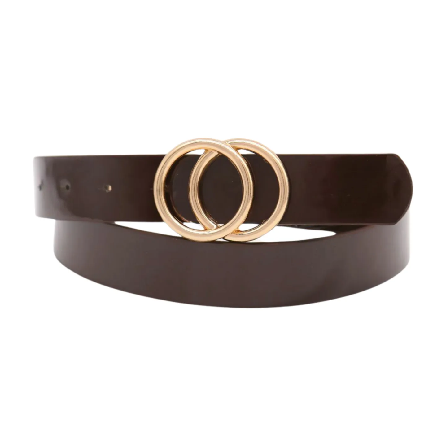 Women Chocolate Brown Faux Leather Skinny Belt Gold Metal Circles Buckle Fit Size M L