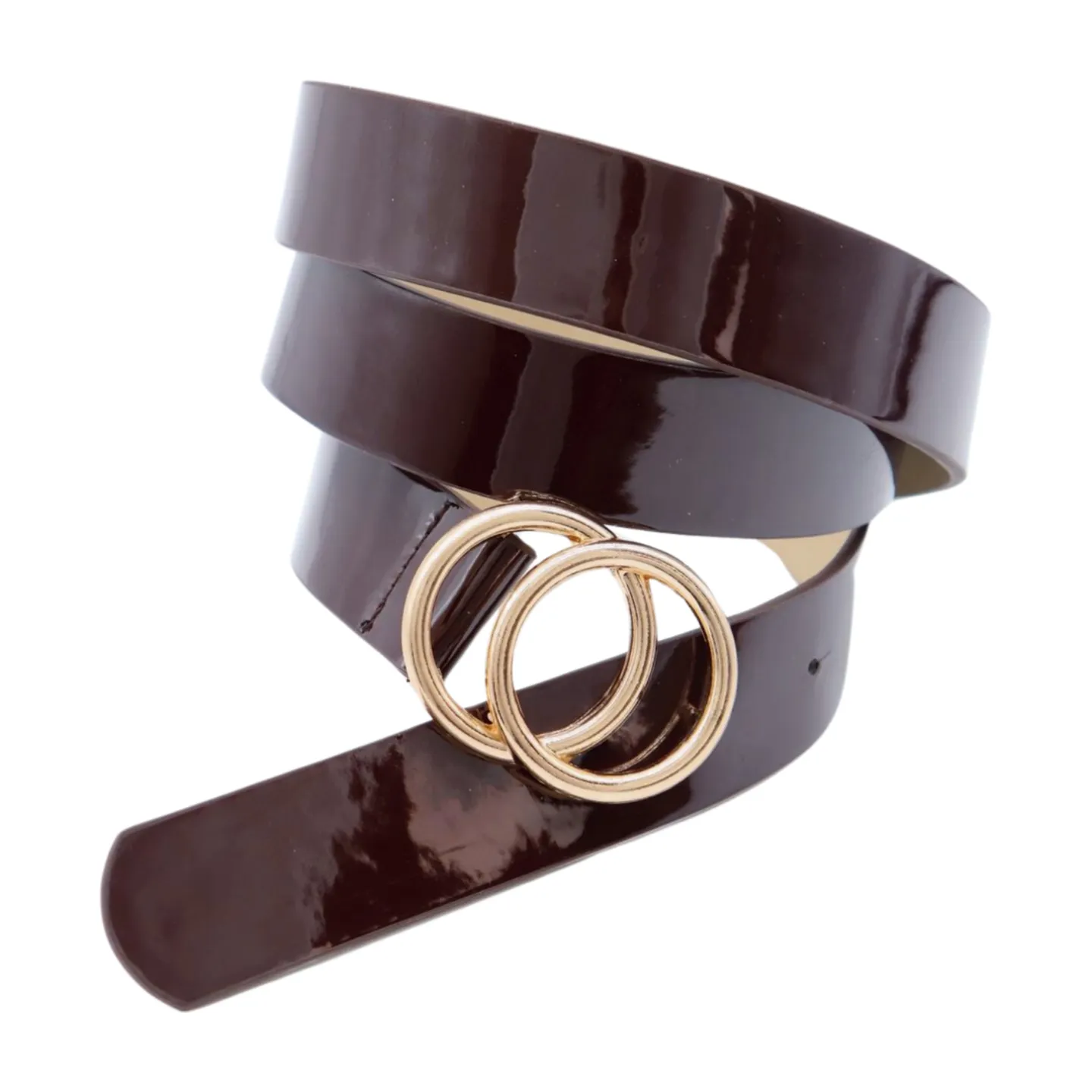 Women Chocolate Brown Faux Leather Skinny Belt Gold Metal Circles Buckle Fit Size M L