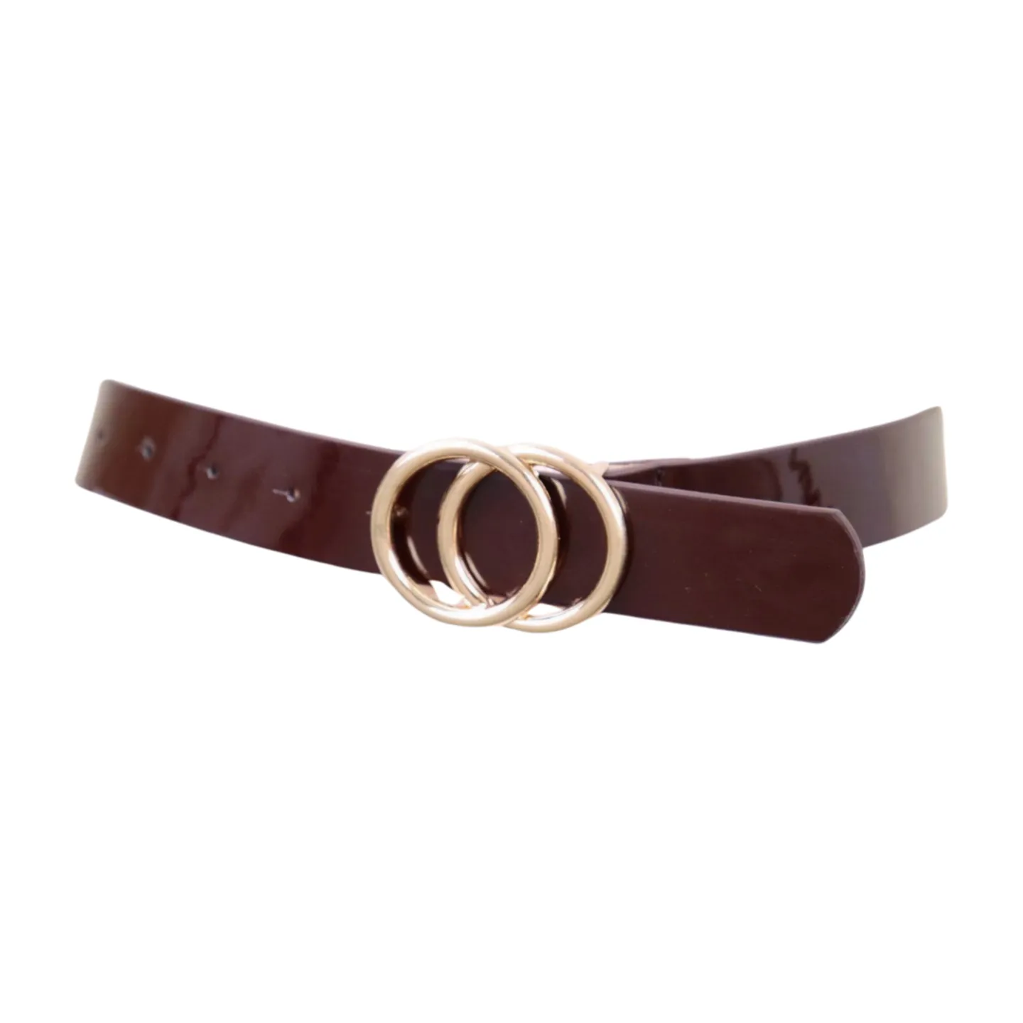 Women Chocolate Brown Faux Leather Skinny Belt Gold Metal Circles Buckle Fit Size M L