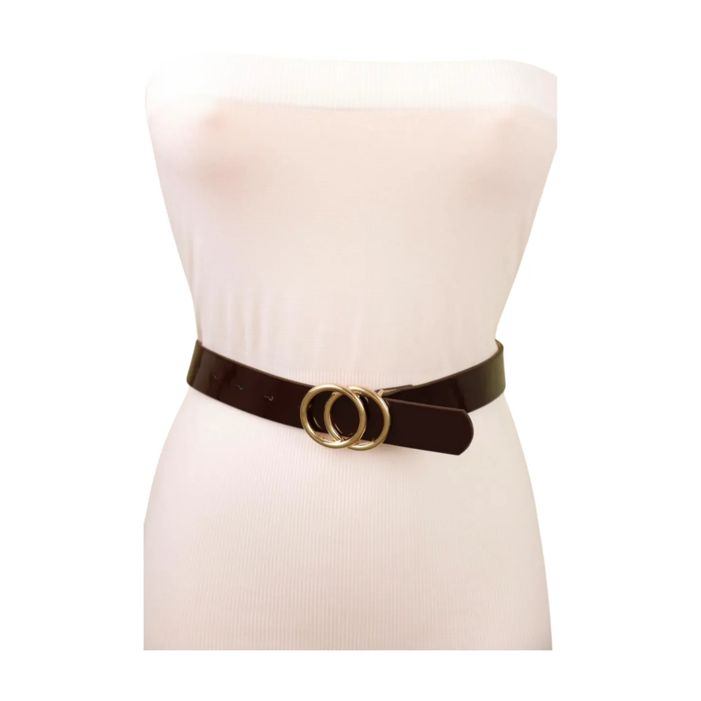 Women Chocolate Brown Faux Leather Skinny Belt Gold Metal Circles Buckle Fit Size M L