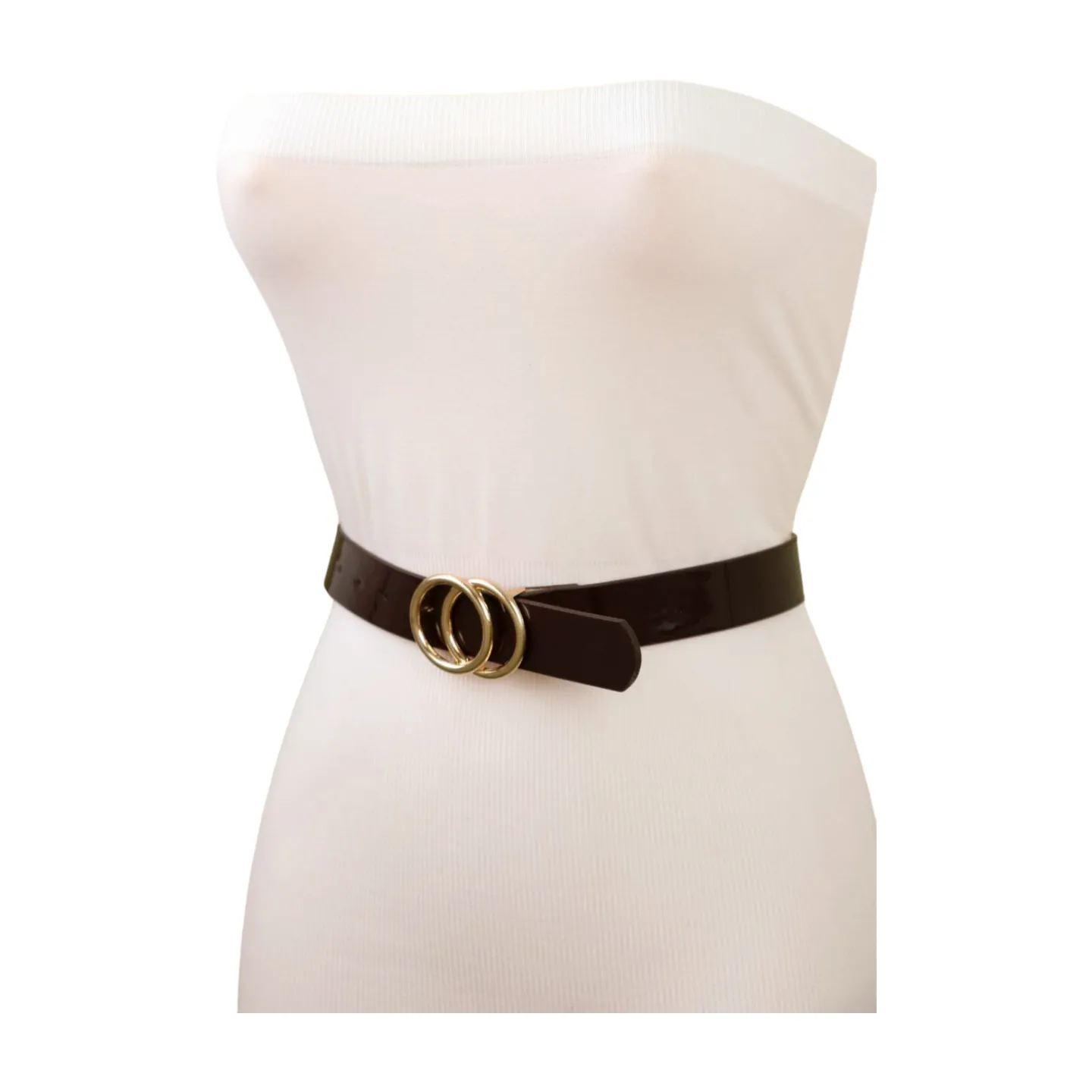 Women Chocolate Brown Faux Leather Skinny Belt Gold Metal Circles Buckle Fit Size M L