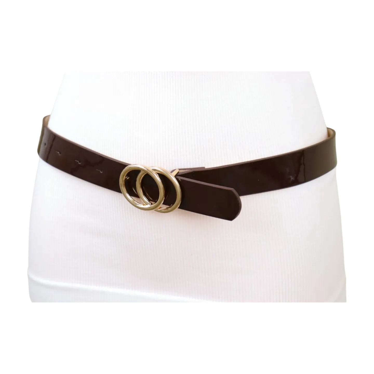 Women Chocolate Brown Faux Leather Skinny Belt Gold Metal Circles Buckle Fit Size M L
