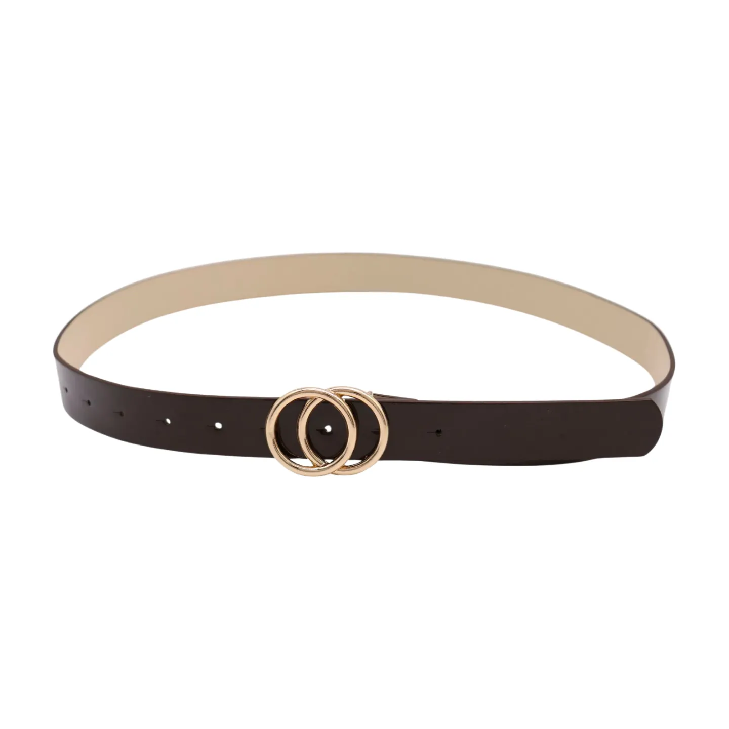 Women Chocolate Brown Faux Leather Skinny Belt Gold Metal Circles Buckle Fit Size M L