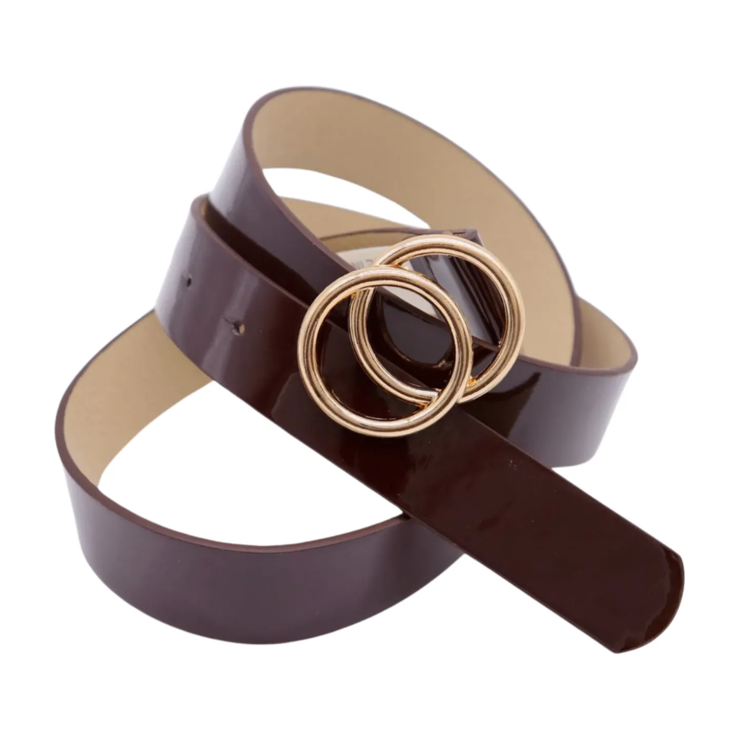 Women Chocolate Brown Faux Leather Skinny Belt Gold Metal Circles Buckle Fit Size M L