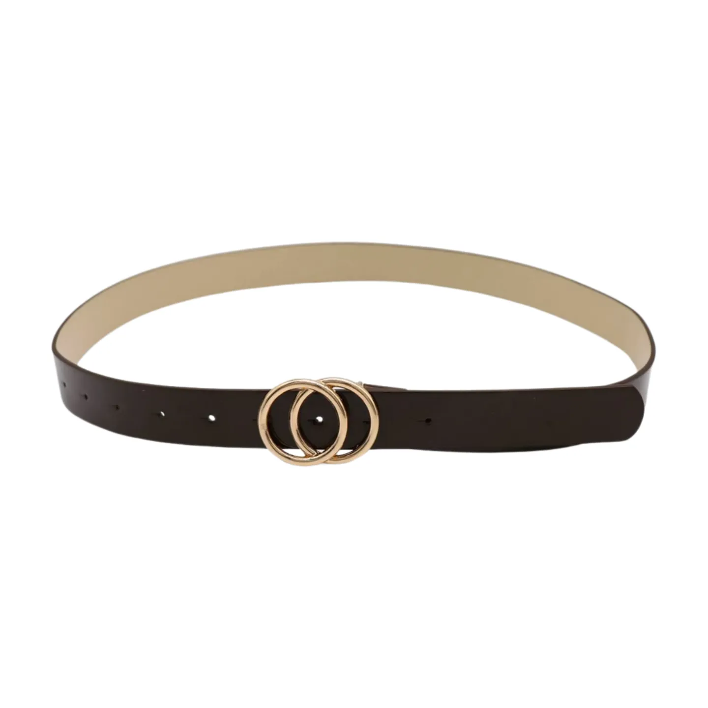 Women Chocolate Brown Faux Leather Skinny Belt Gold Metal Circles Buckle Fit Size M L