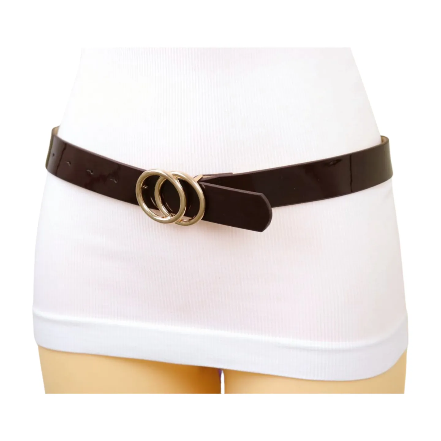 Women Chocolate Brown Faux Leather Skinny Belt Gold Metal Circles Buckle Fit Size M L
