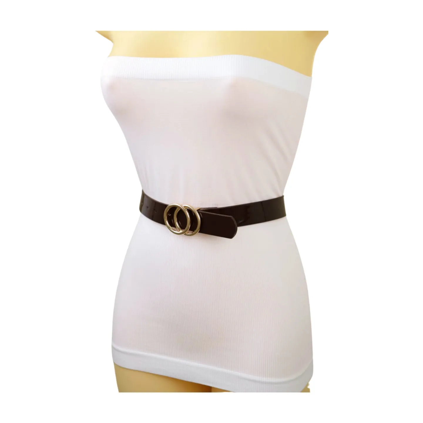 Women Chocolate Brown Faux Leather Skinny Belt Gold Metal Circles Buckle Fit Size M L