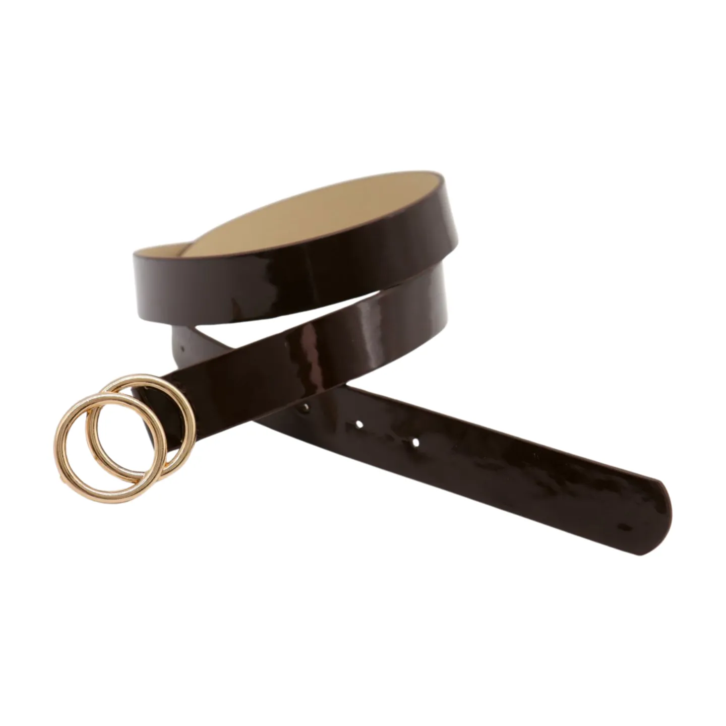 Women Chocolate Brown Faux Leather Skinny Belt Gold Metal Circles Buckle Fit Size M L
