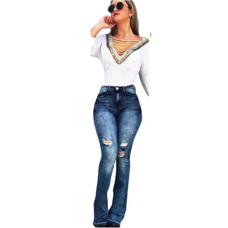 Women Destroyed Jeans Vintage Jeans Elasticity Flare Pants
