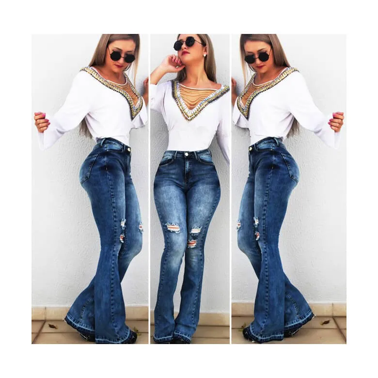 Women Destroyed Jeans Vintage Jeans Elasticity Flare Pants