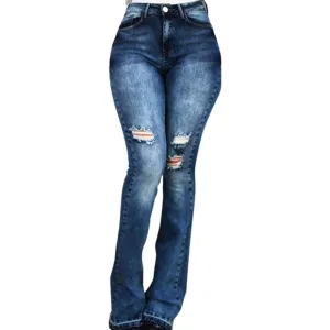 Women Destroyed Jeans Vintage Jeans Elasticity Flare Pants
