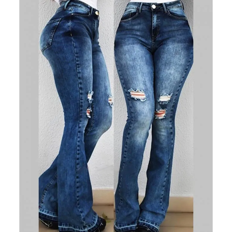 Women Destroyed Jeans Vintage Jeans Elasticity Flare Pants
