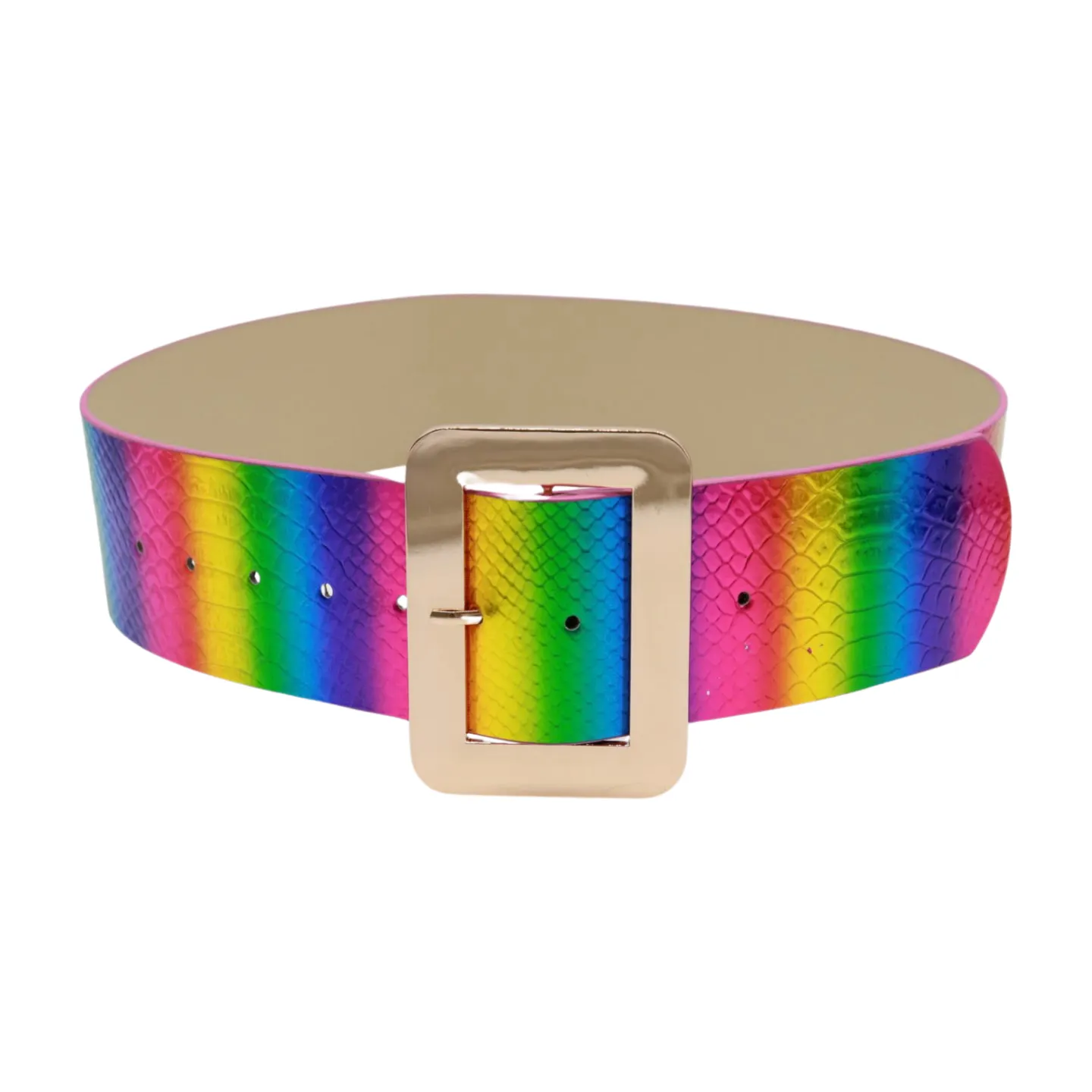 Women Rainbow Colors Wide Belt Gold Metal Square Buckle S M
