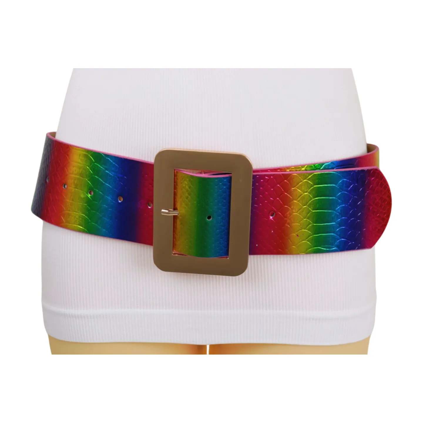 Women Rainbow Colors Wide Belt Gold Metal Square Buckle S M