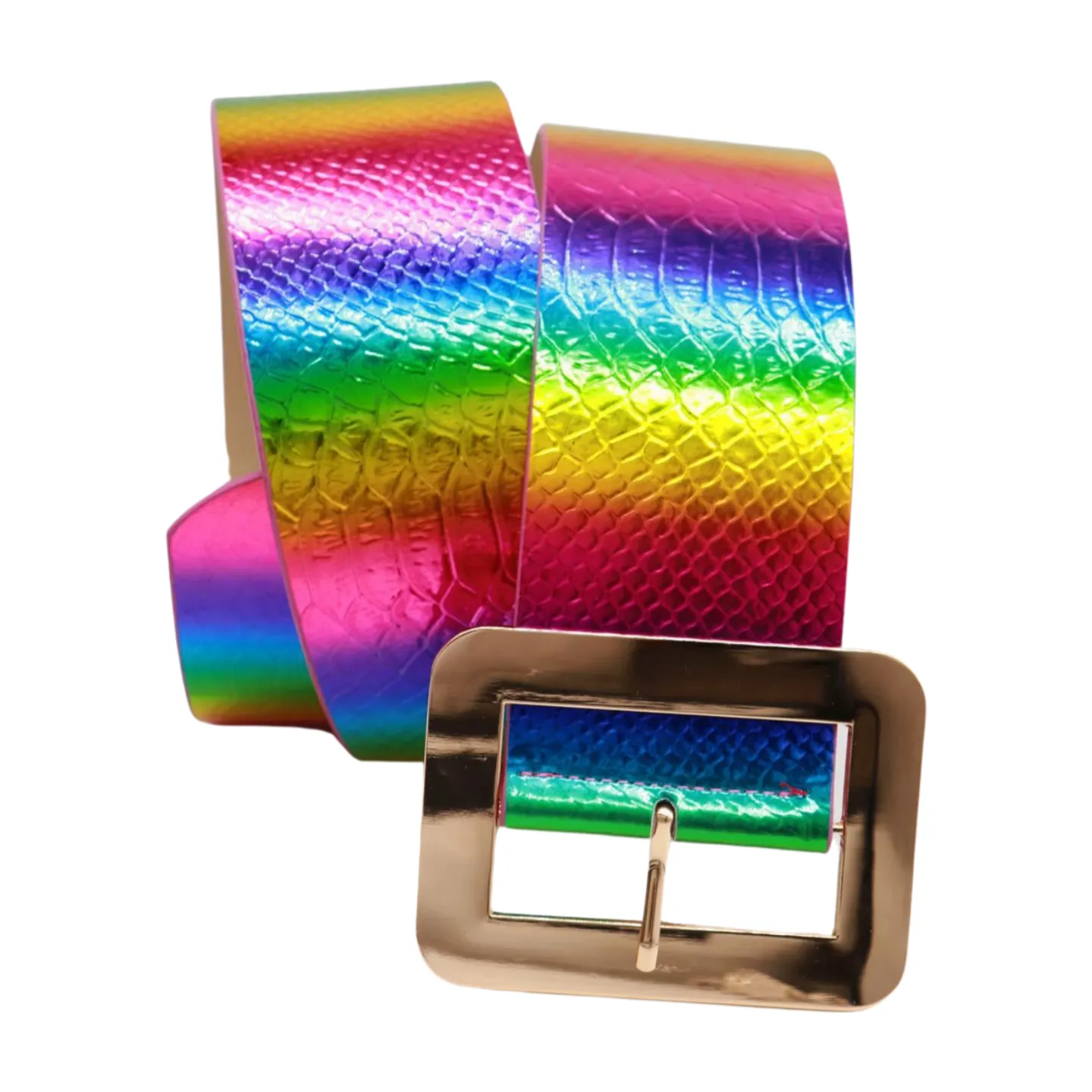 Women Rainbow Colors Wide Belt Gold Metal Square Buckle S M