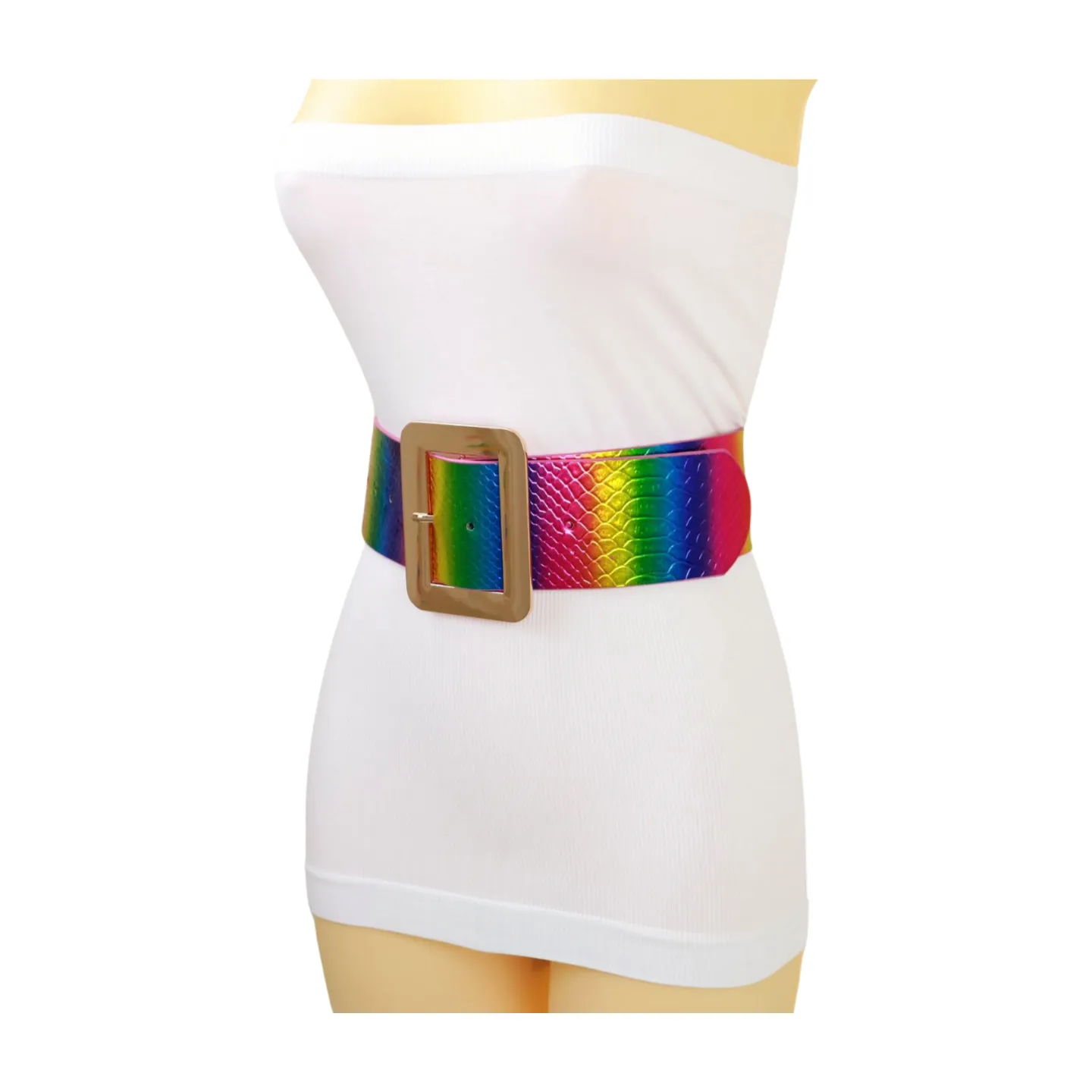 Women Rainbow Colors Wide Belt Gold Metal Square Buckle S M