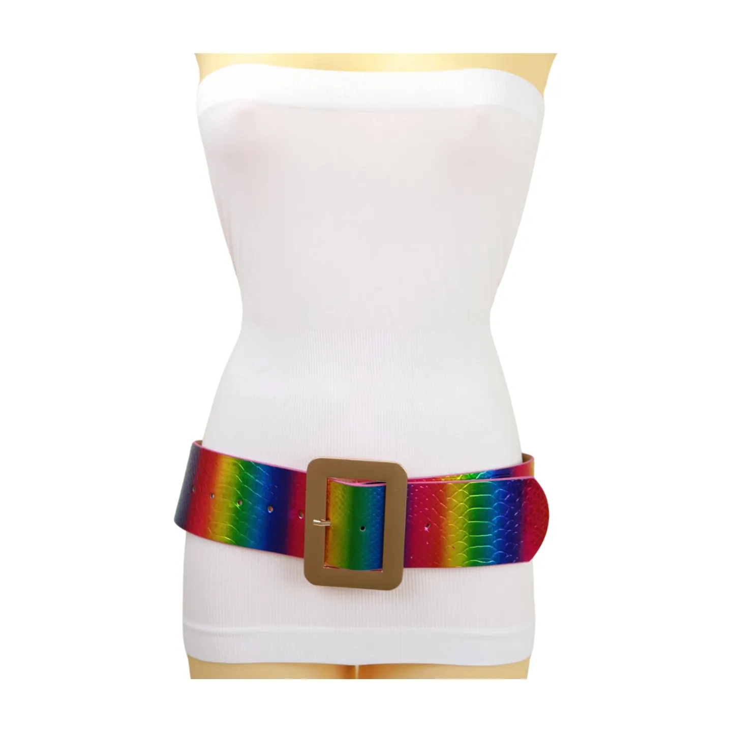 Women Rainbow Colors Wide Belt Gold Metal Square Buckle S M
