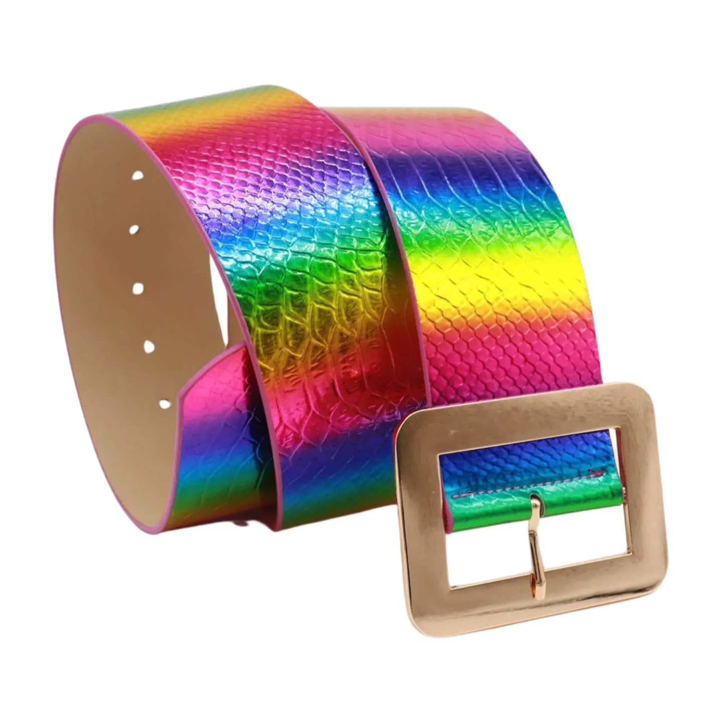 Women Rainbow Colors Wide Belt Gold Metal Square Buckle S M