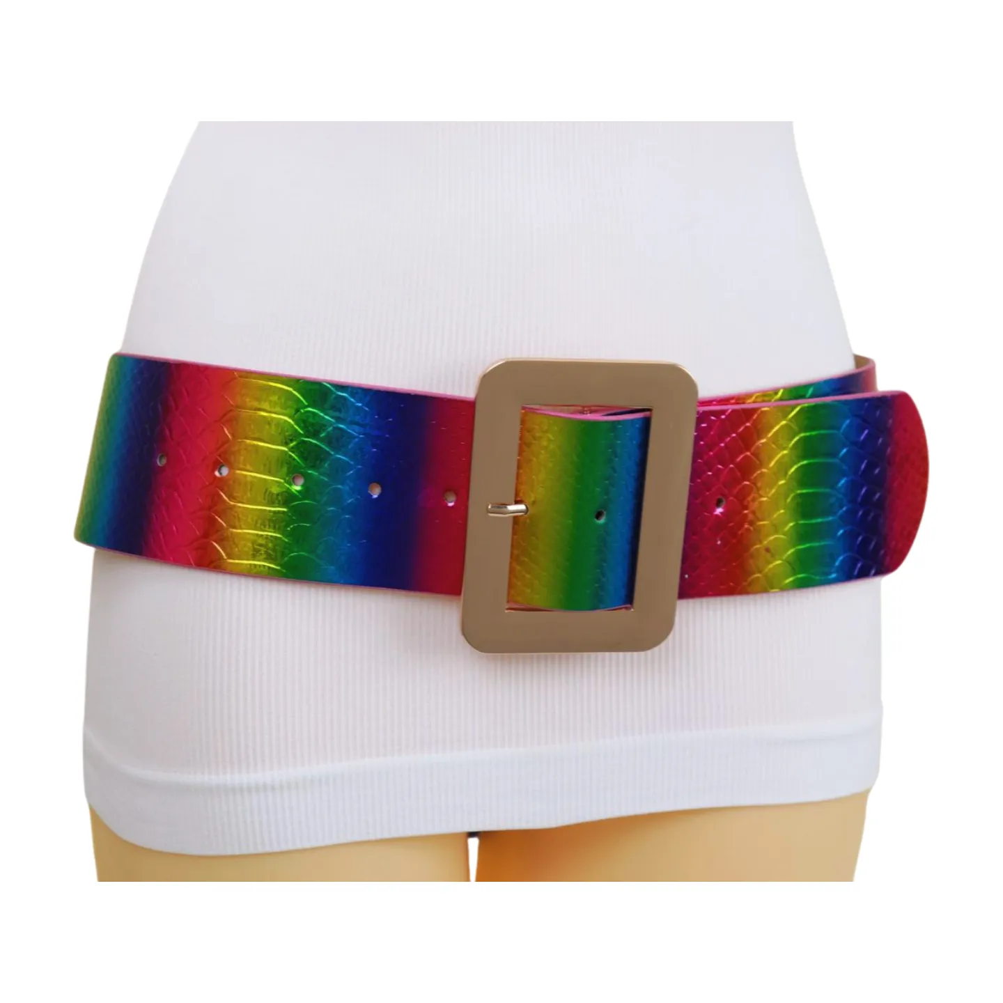 Women Rainbow Colors Wide Belt Gold Metal Square Buckle S M