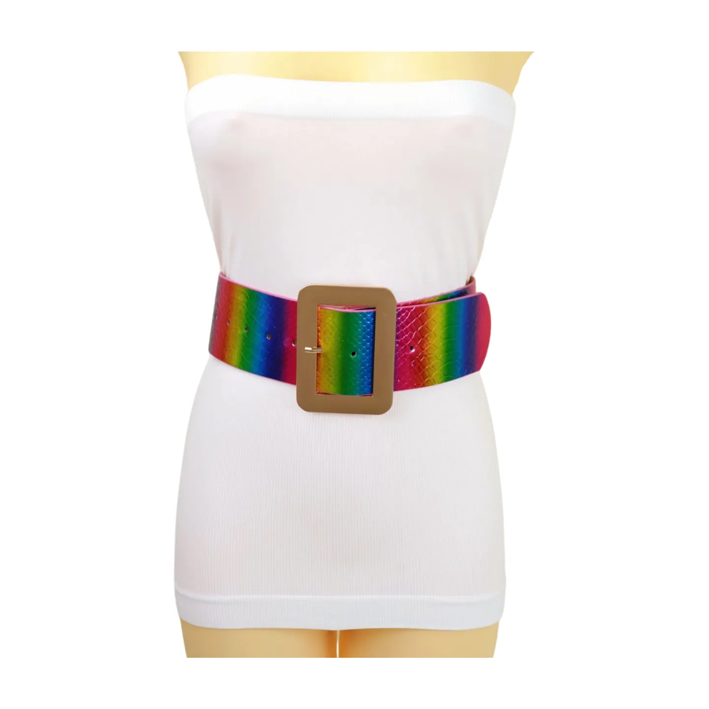Women Rainbow Colors Wide Belt Gold Metal Square Buckle S M