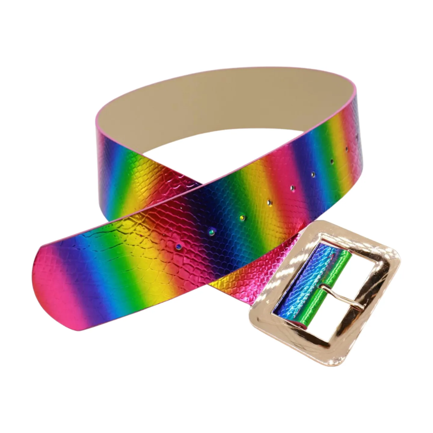 Women Rainbow Colors Wide Belt Gold Metal Square Buckle S M