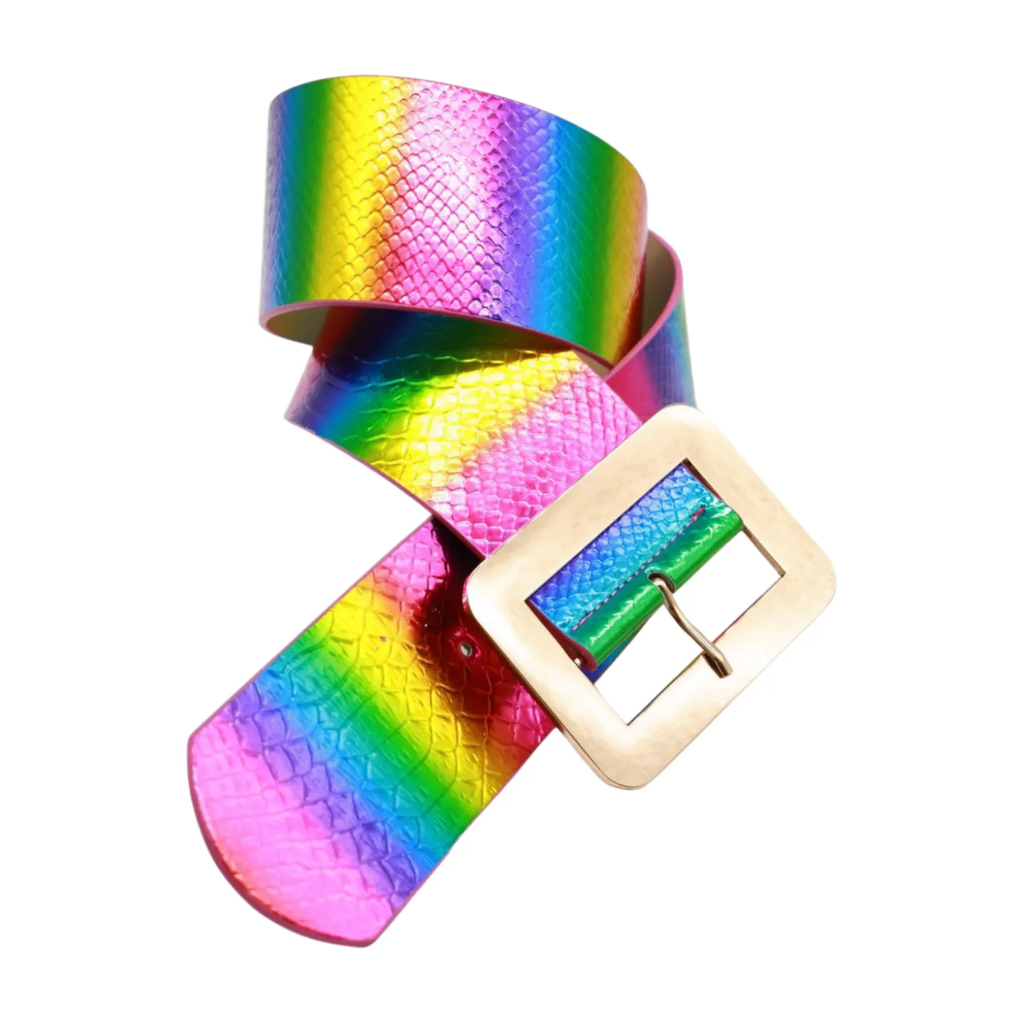 Women Rainbow Colors Wide Belt Gold Metal Square Buckle S M