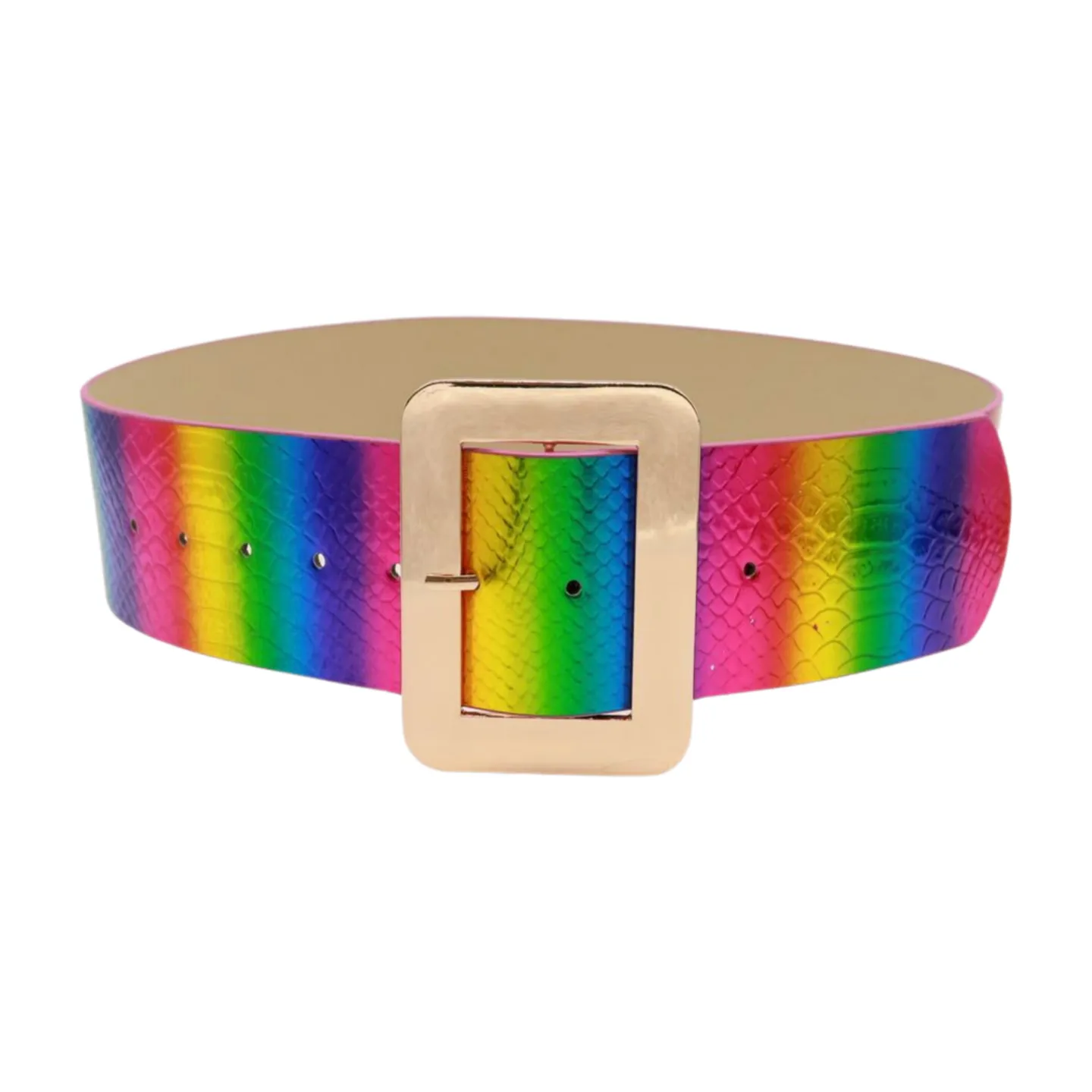 Women Rainbow Colors Wide Belt Gold Metal Square Buckle S M
