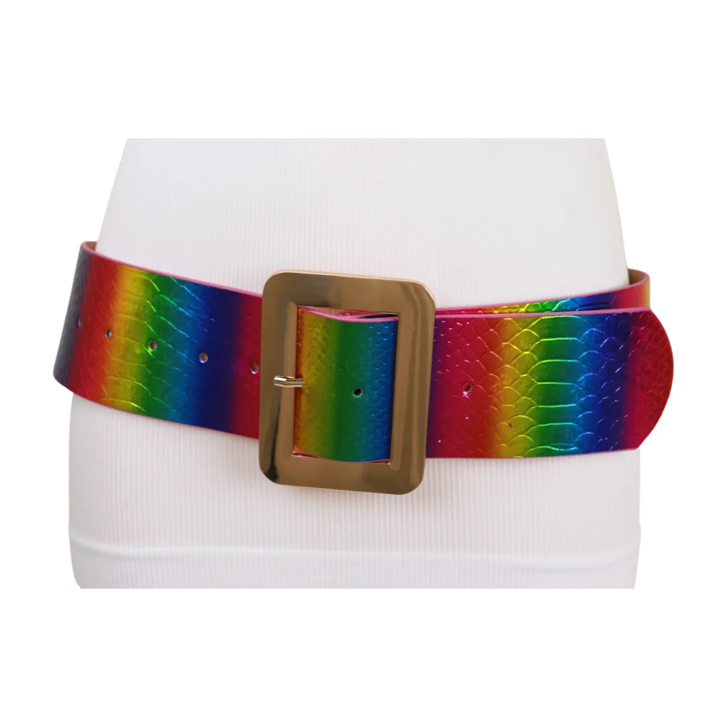 Women Rainbow Colors Wide Belt Gold Metal Square Buckle S M