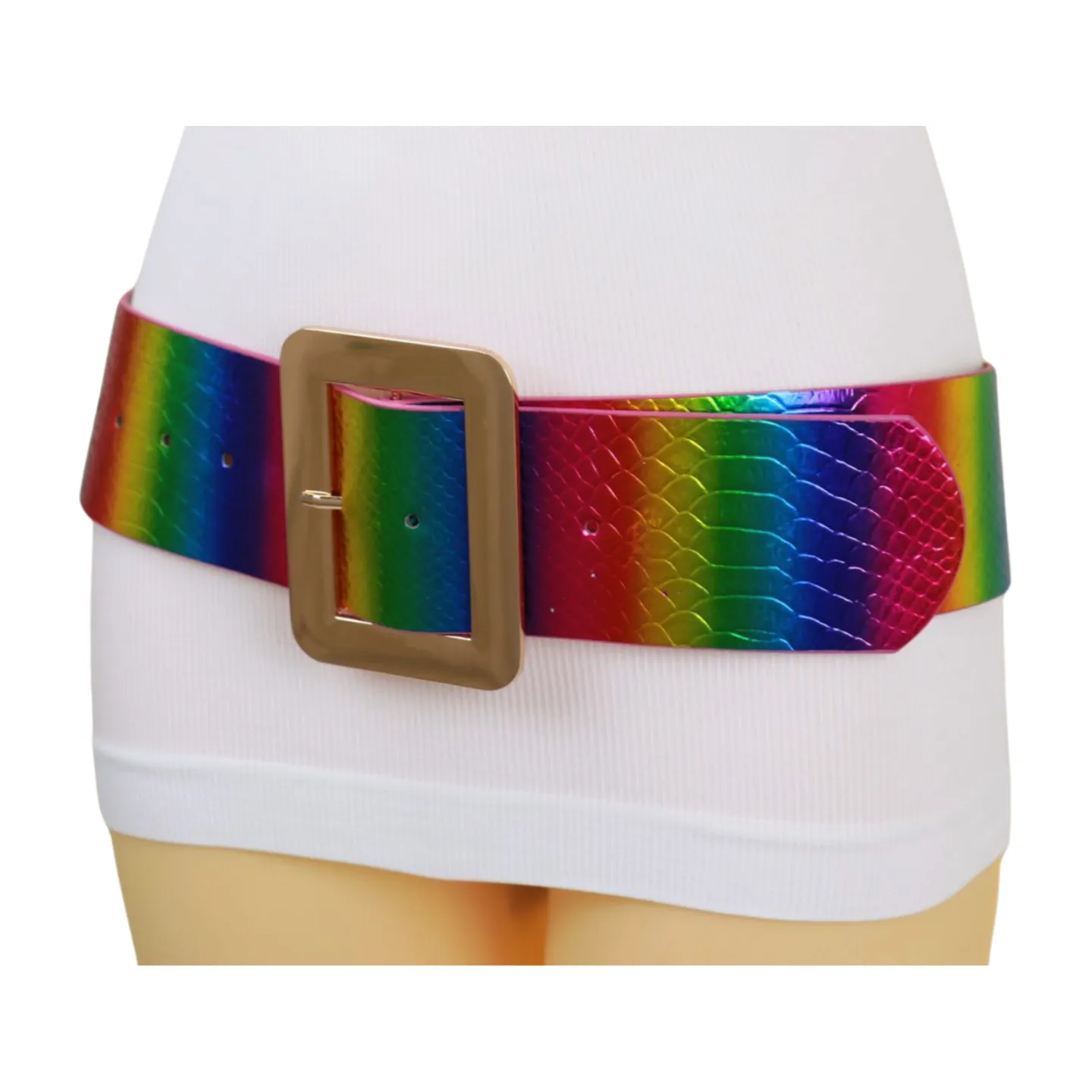 Women Rainbow Colors Wide Belt Gold Metal Square Buckle S M