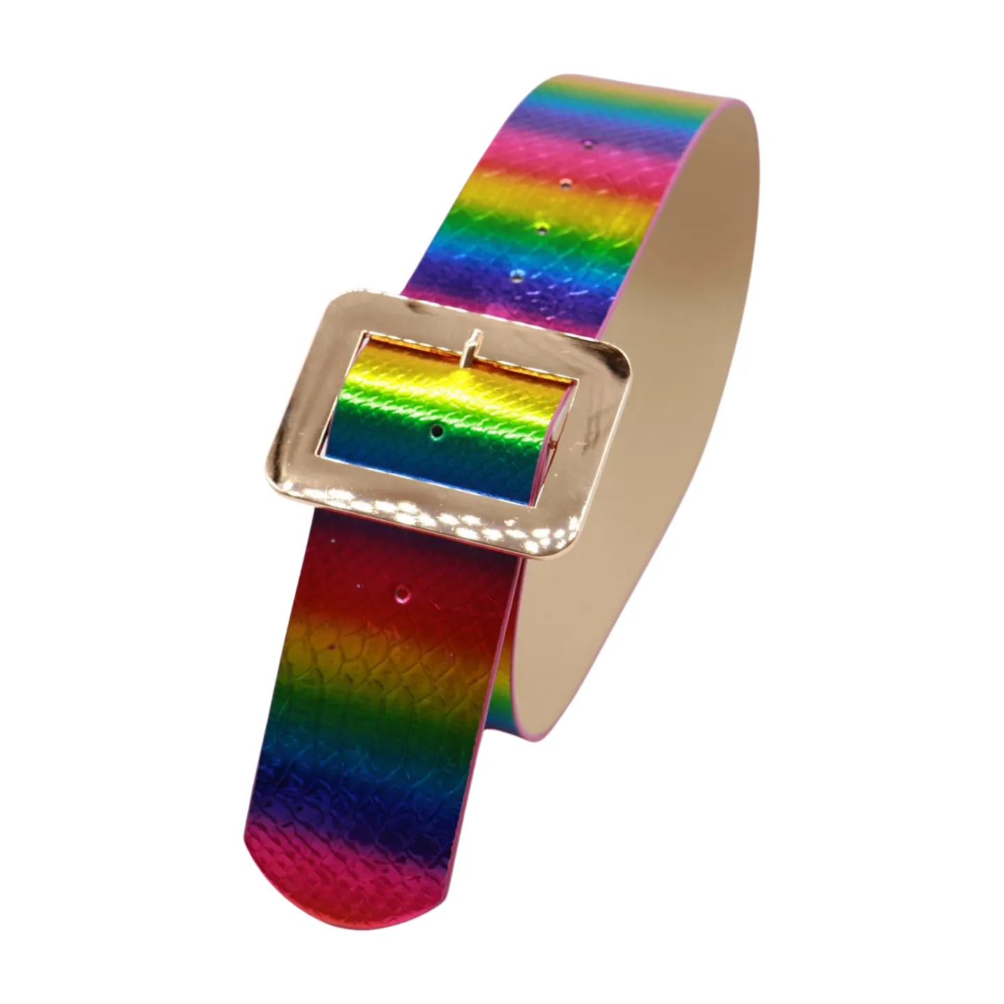 Women Rainbow Colors Wide Belt Gold Metal Square Buckle S M