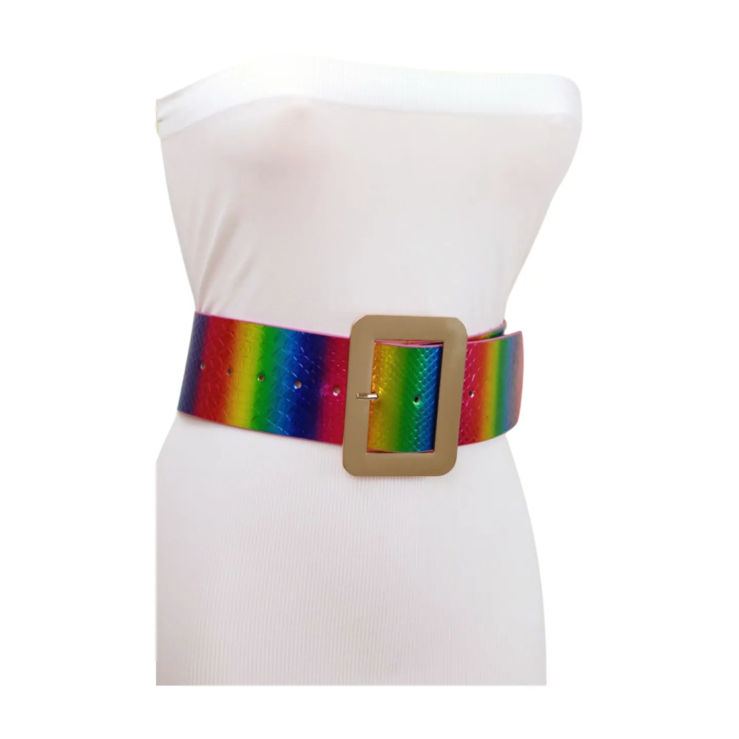 Women Rainbow Colors Wide Belt Gold Metal Square Buckle S M