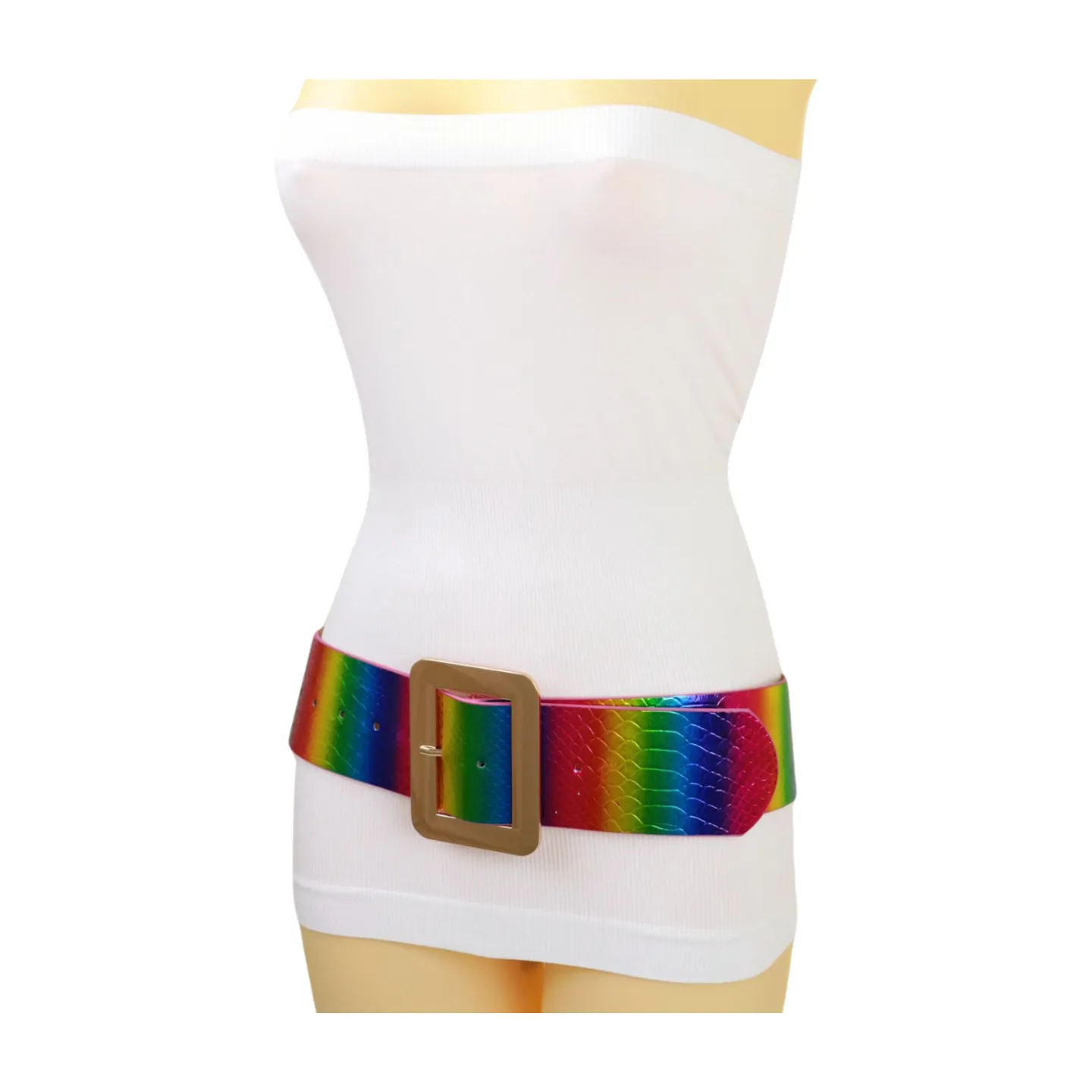 Women Rainbow Colors Wide Belt Gold Metal Square Buckle S M