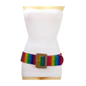 Women Rainbow Colors Wide Belt Gold Metal Square Buckle S M
