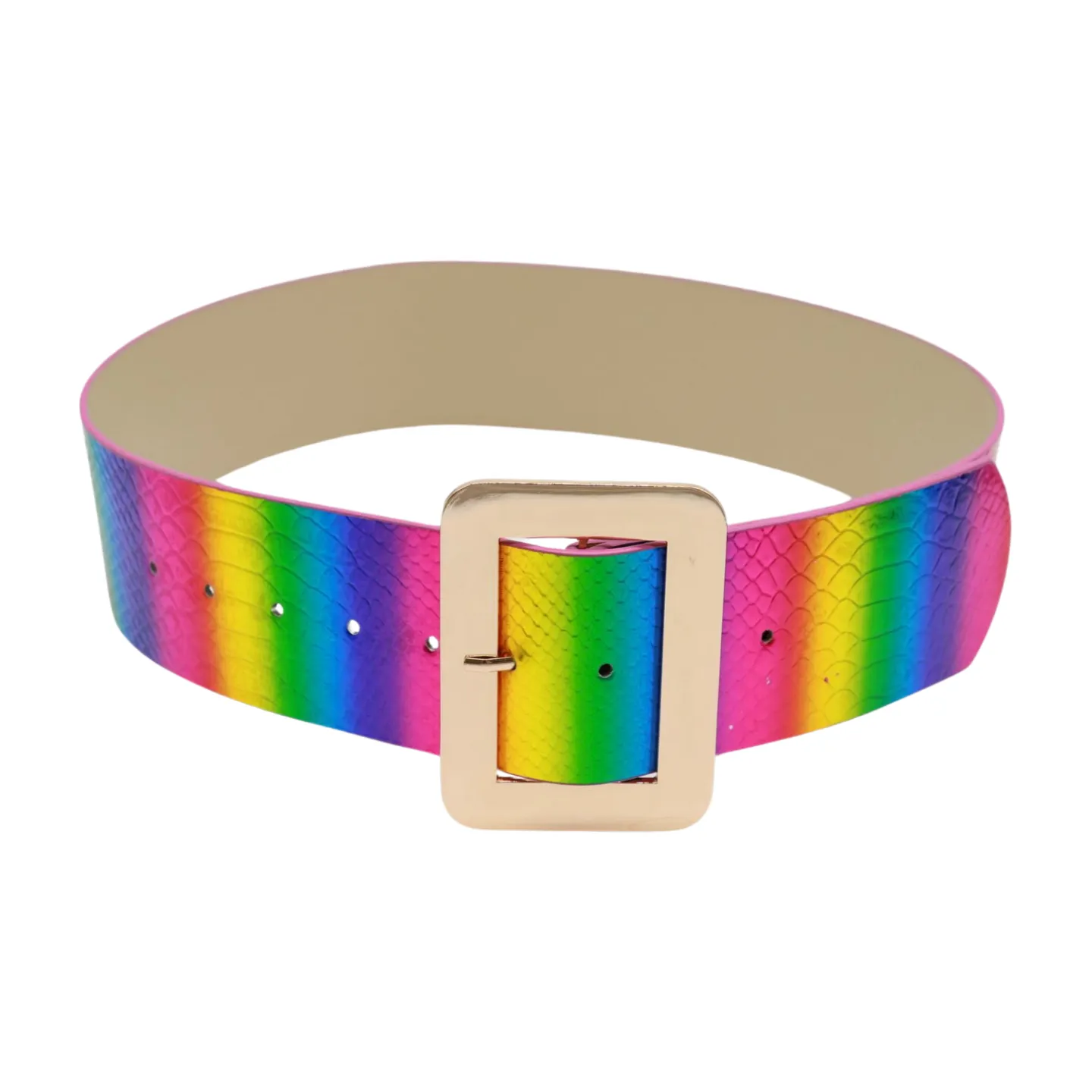 Women Rainbow Colors Wide Belt Gold Metal Square Buckle S M