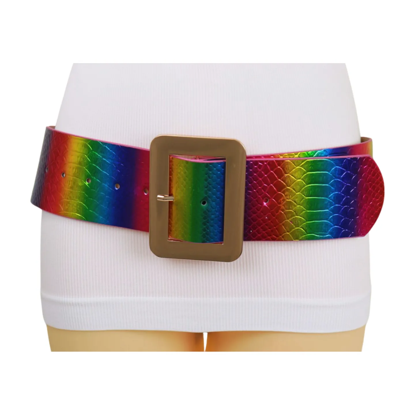 Women Rainbow Colors Wide Belt Gold Metal Square Buckle S M