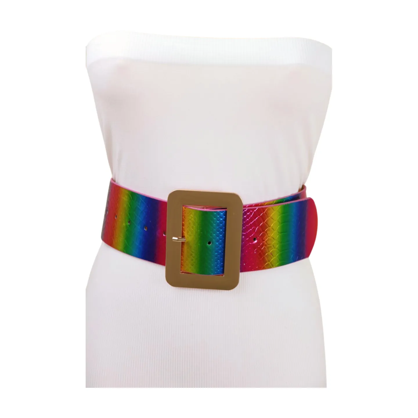Women Rainbow Colors Wide Belt Gold Metal Square Buckle S M