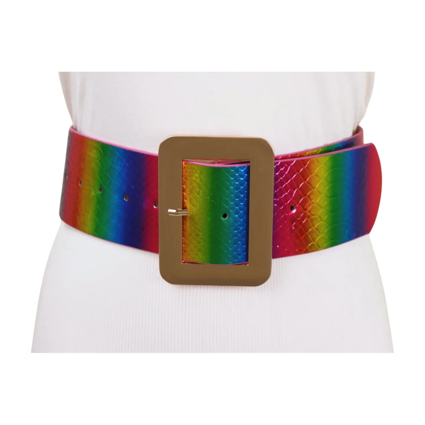 Women Rainbow Colors Wide Belt Gold Metal Square Buckle S M