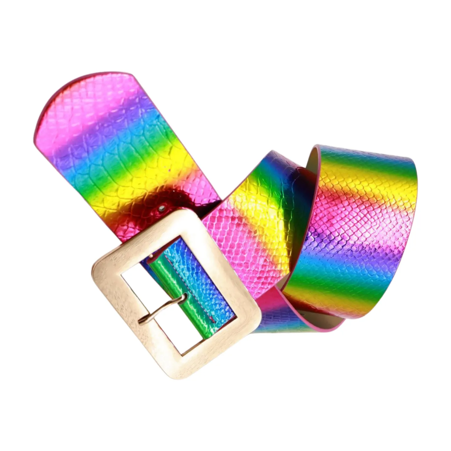 Women Rainbow Colors Wide Belt Gold Metal Square Buckle S M