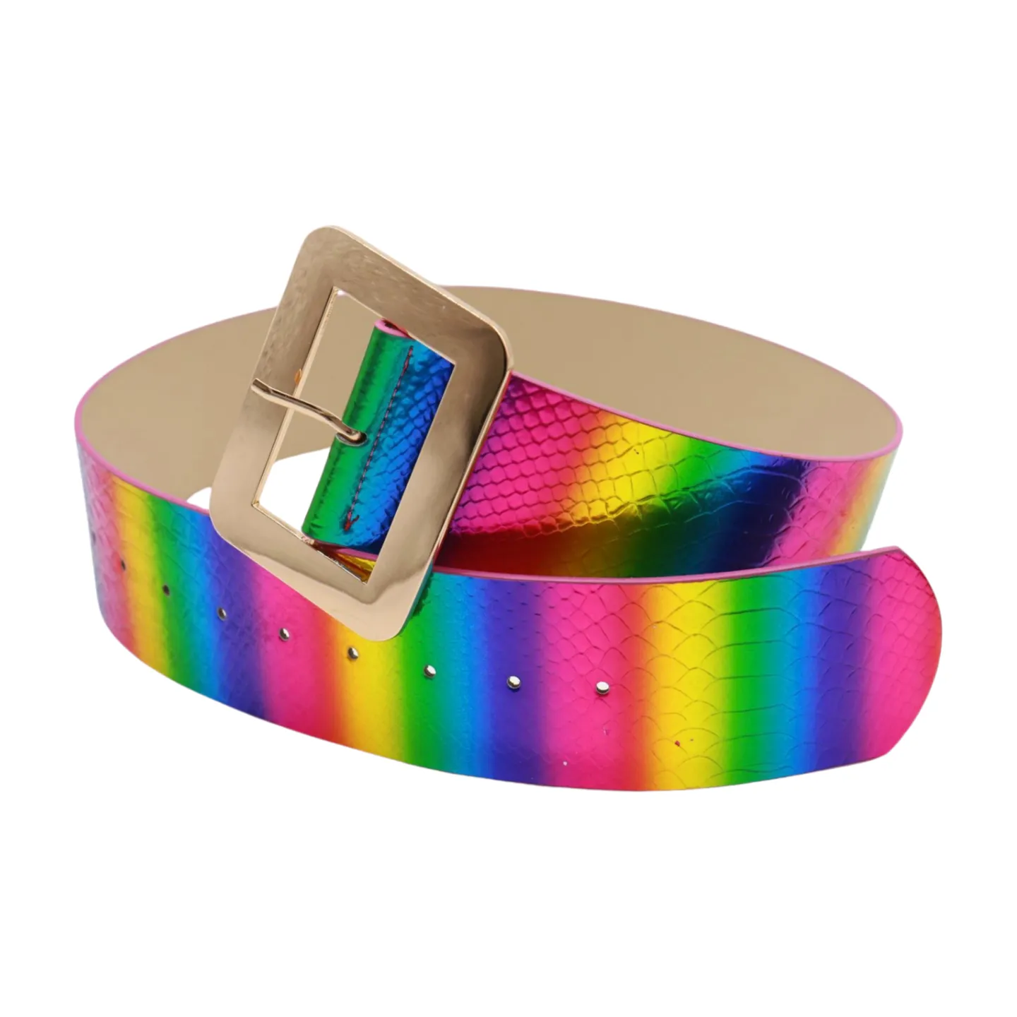 Women Rainbow Colors Wide Belt Gold Metal Square Buckle S M