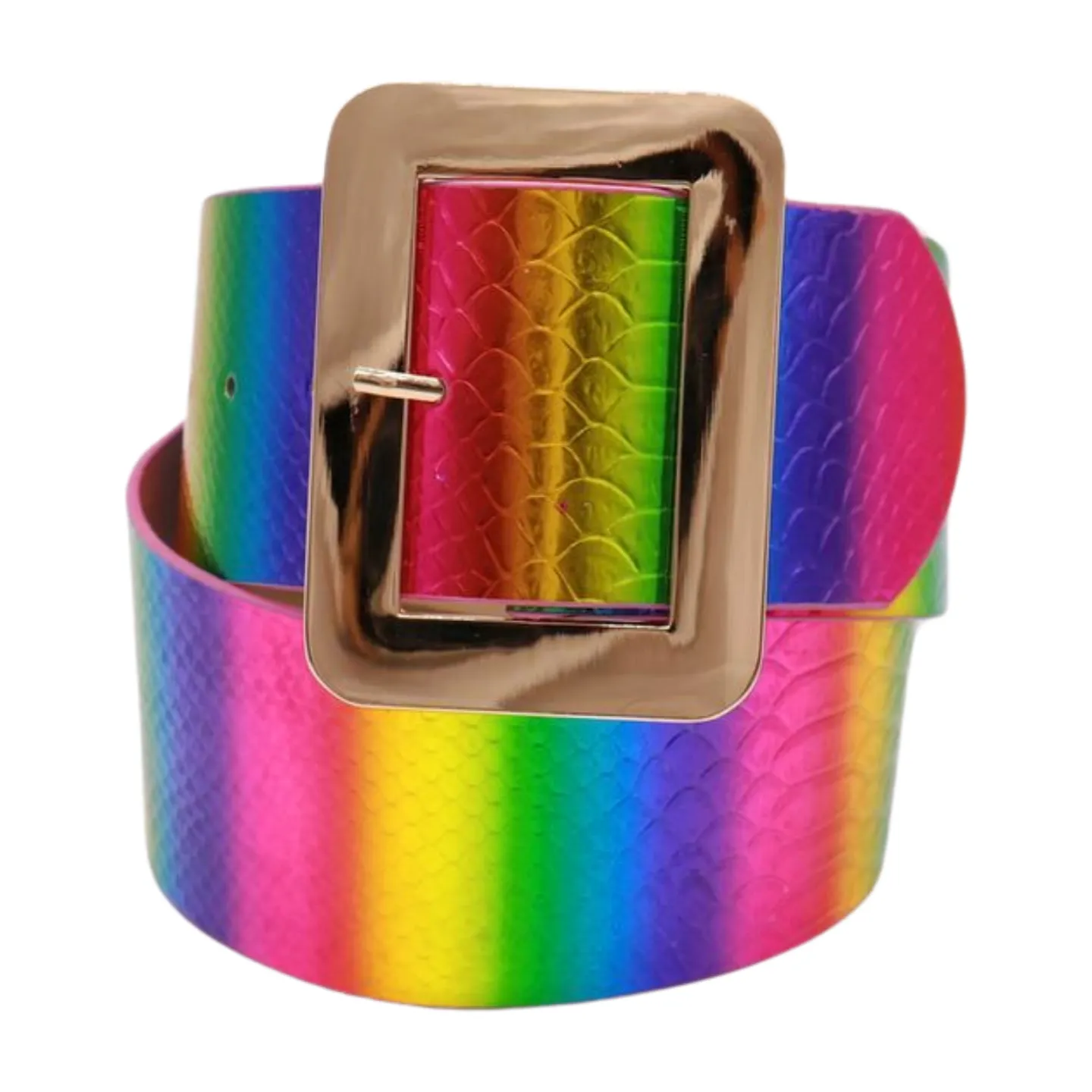 Women Rainbow Colors Wide Belt Gold Metal Square Buckle S M