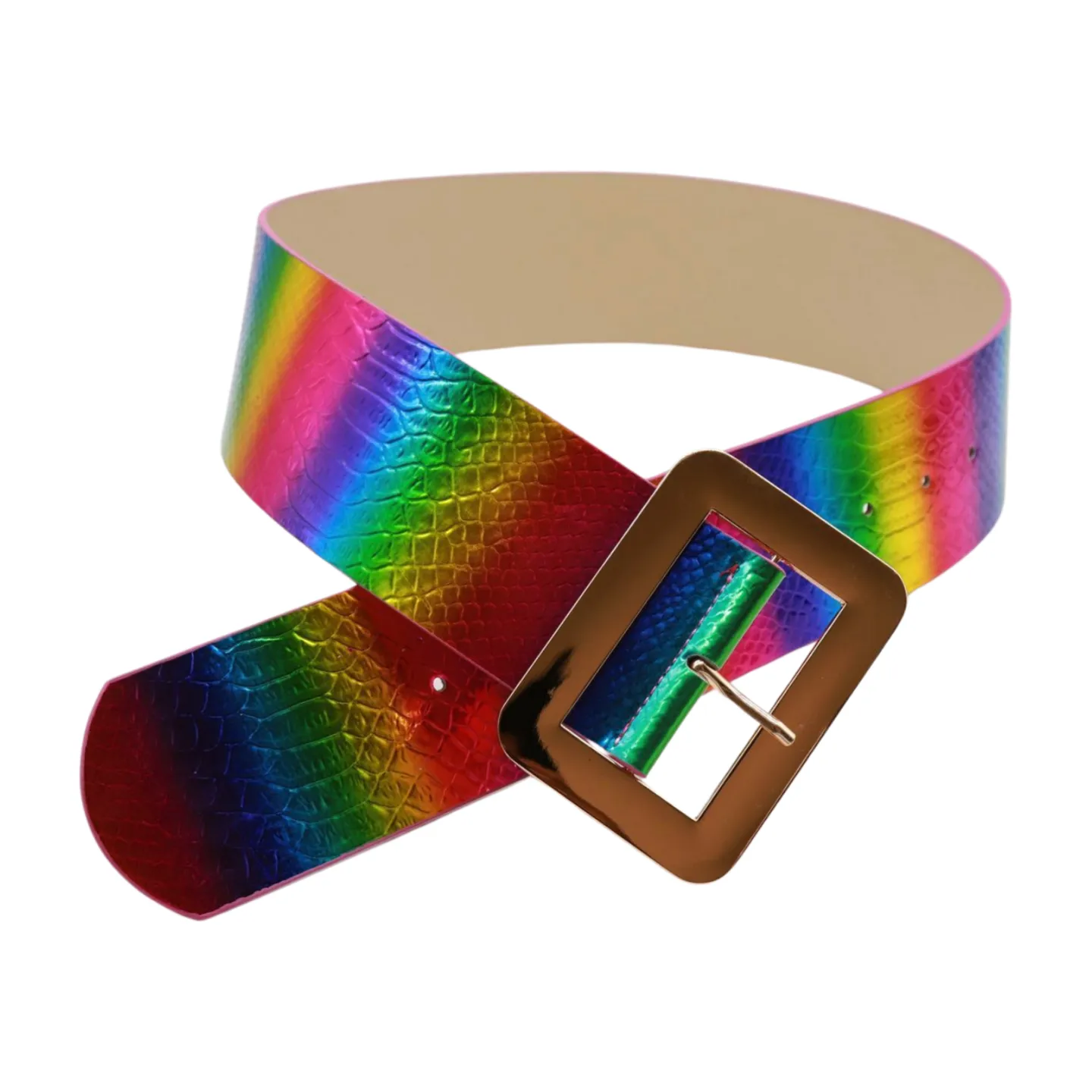 Women Rainbow Colors Wide Belt Gold Metal Square Buckle S M