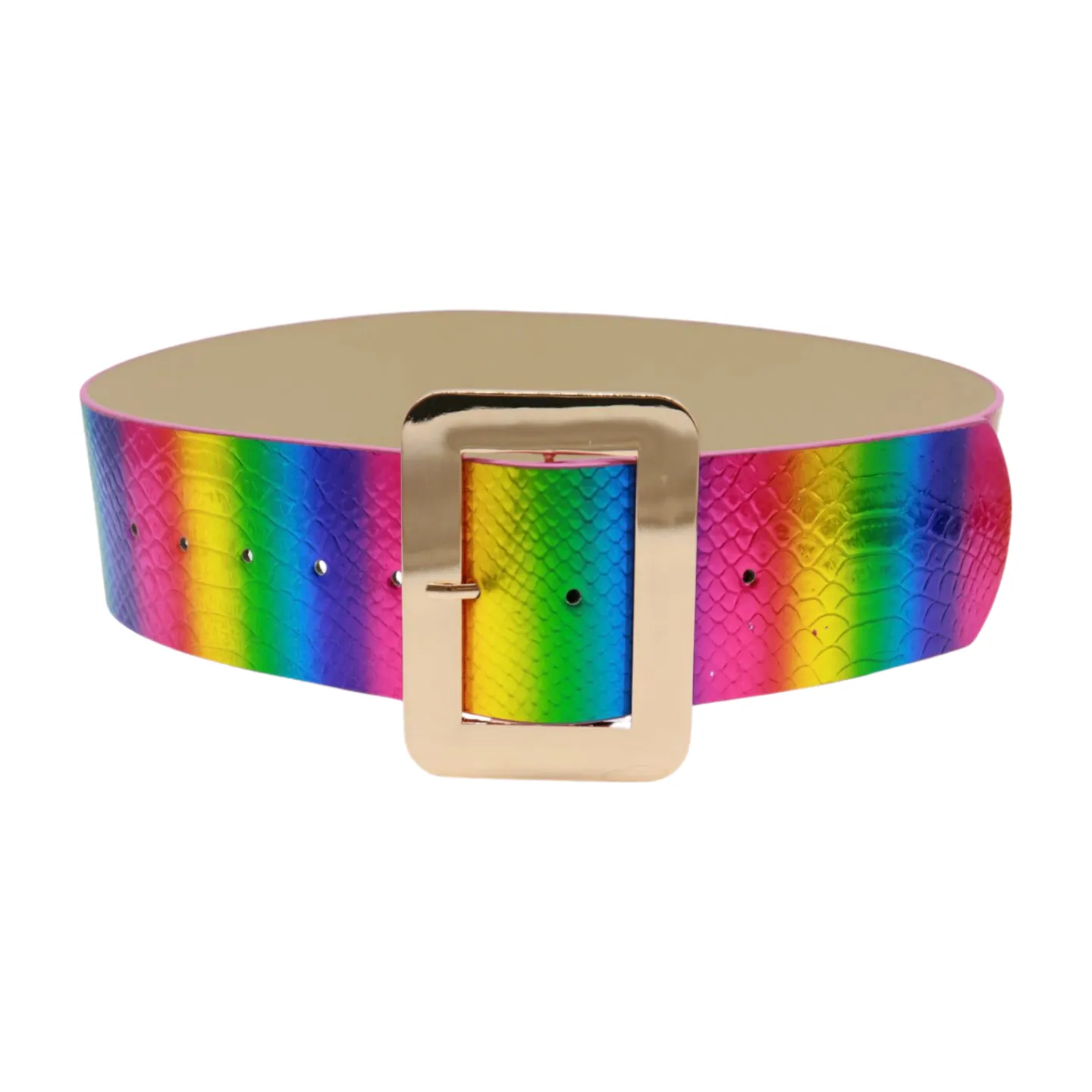 Women Rainbow Colors Wide Belt Gold Metal Square Buckle S M