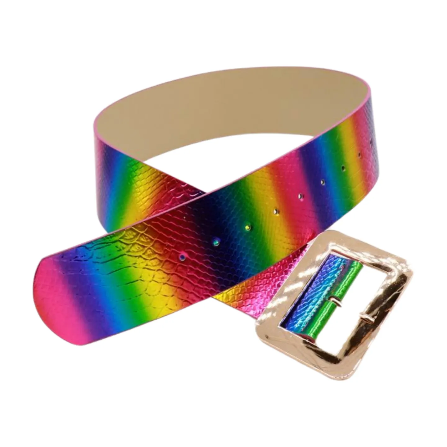 Women Rainbow Colors Wide Belt Gold Metal Square Buckle S M