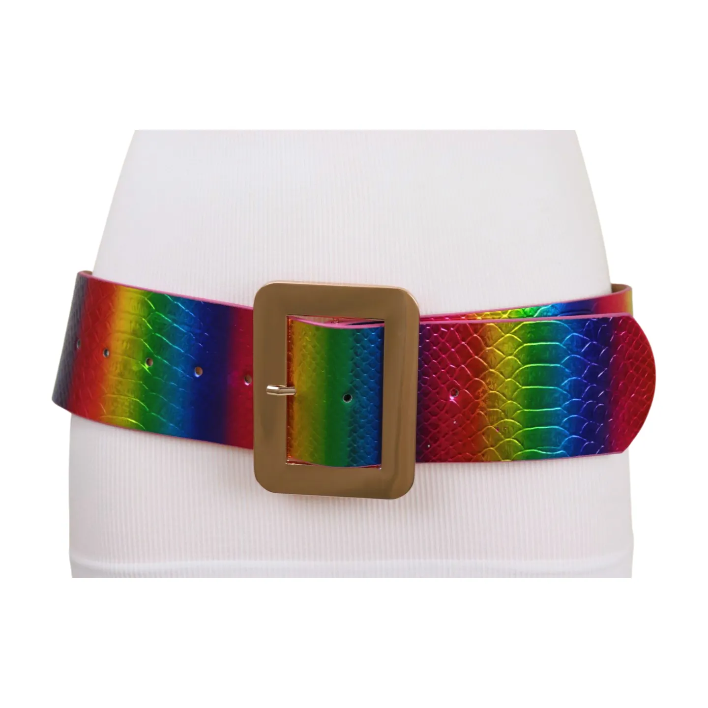 Women Rainbow Colors Wide Belt Gold Metal Square Buckle S M
